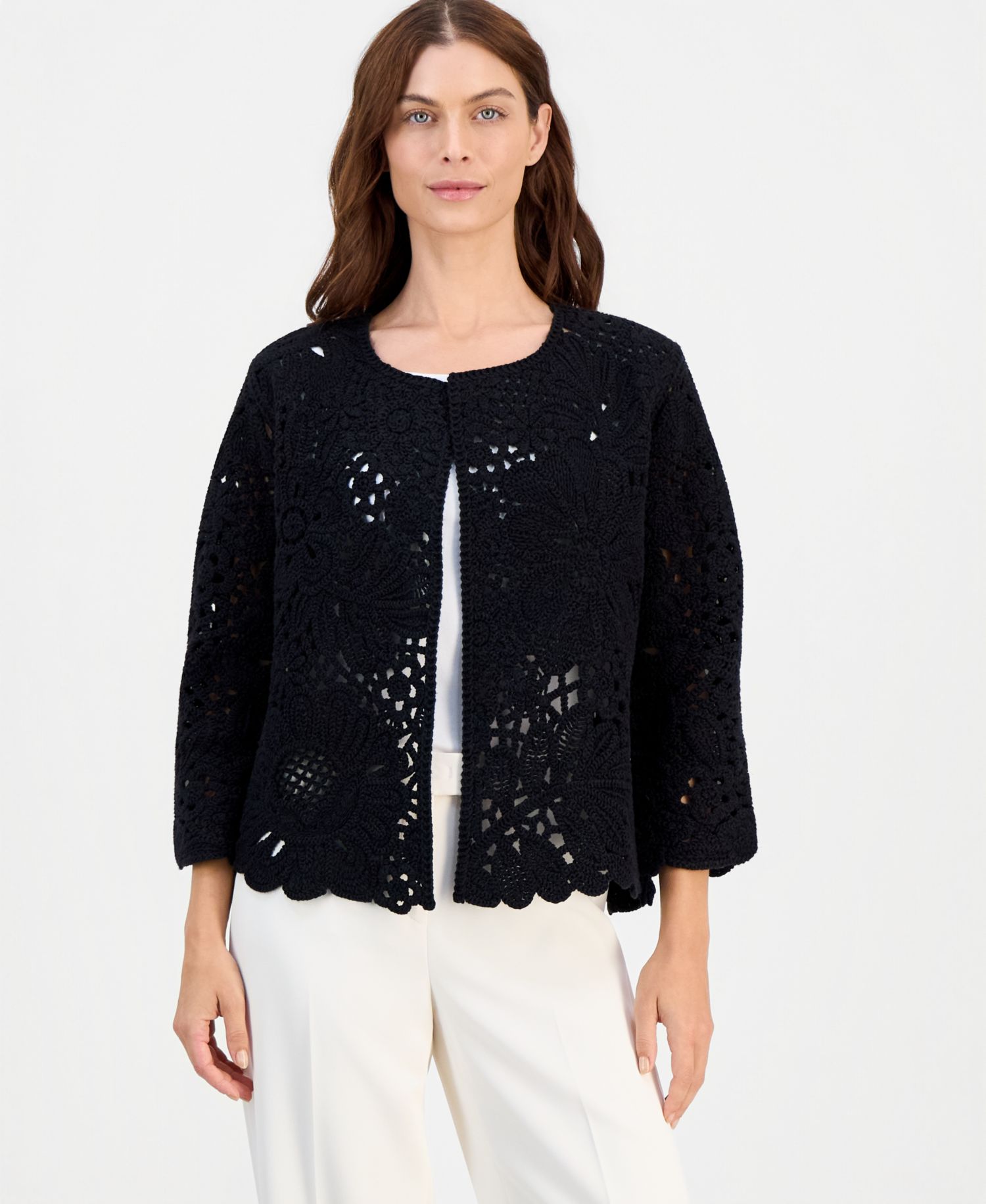Women's Floral Scalloped Long-Sleeve Cardigan