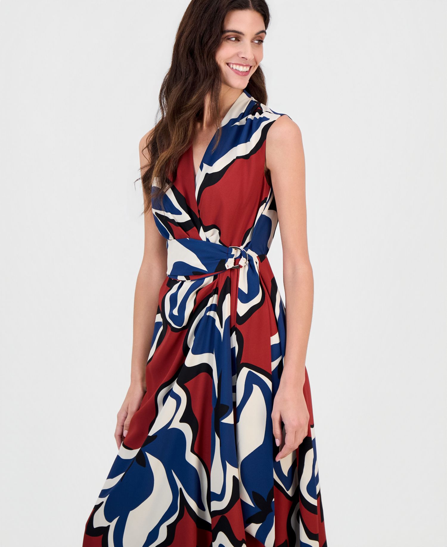 Women's Printed Faux-Wrap Tie-Waist Midi Dress