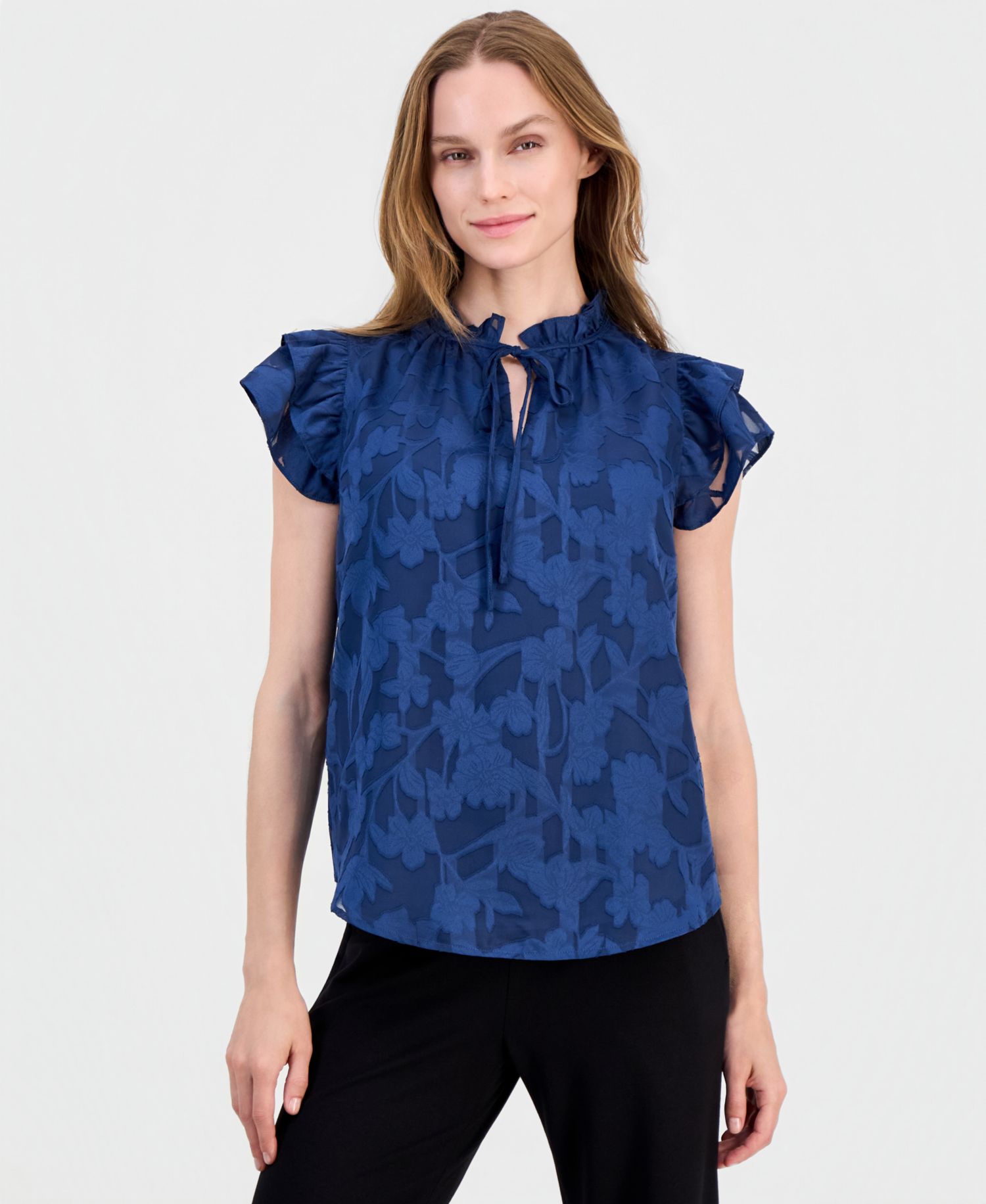 Women's Floral Ruffle-Sleeve Tie-Neck Blouse