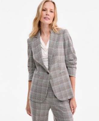 Women's Check Notch-Collar Scrunch-Sleeve Jacket