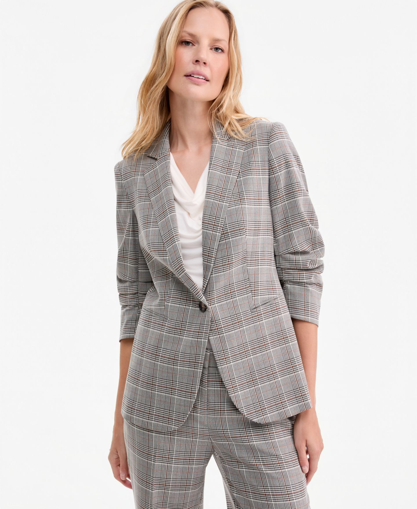Женский пиджак Anne Klein Check Notch-Collar Scrunch-Sleeve Blazer, цвет: Чёрный разноцветный — фото 1