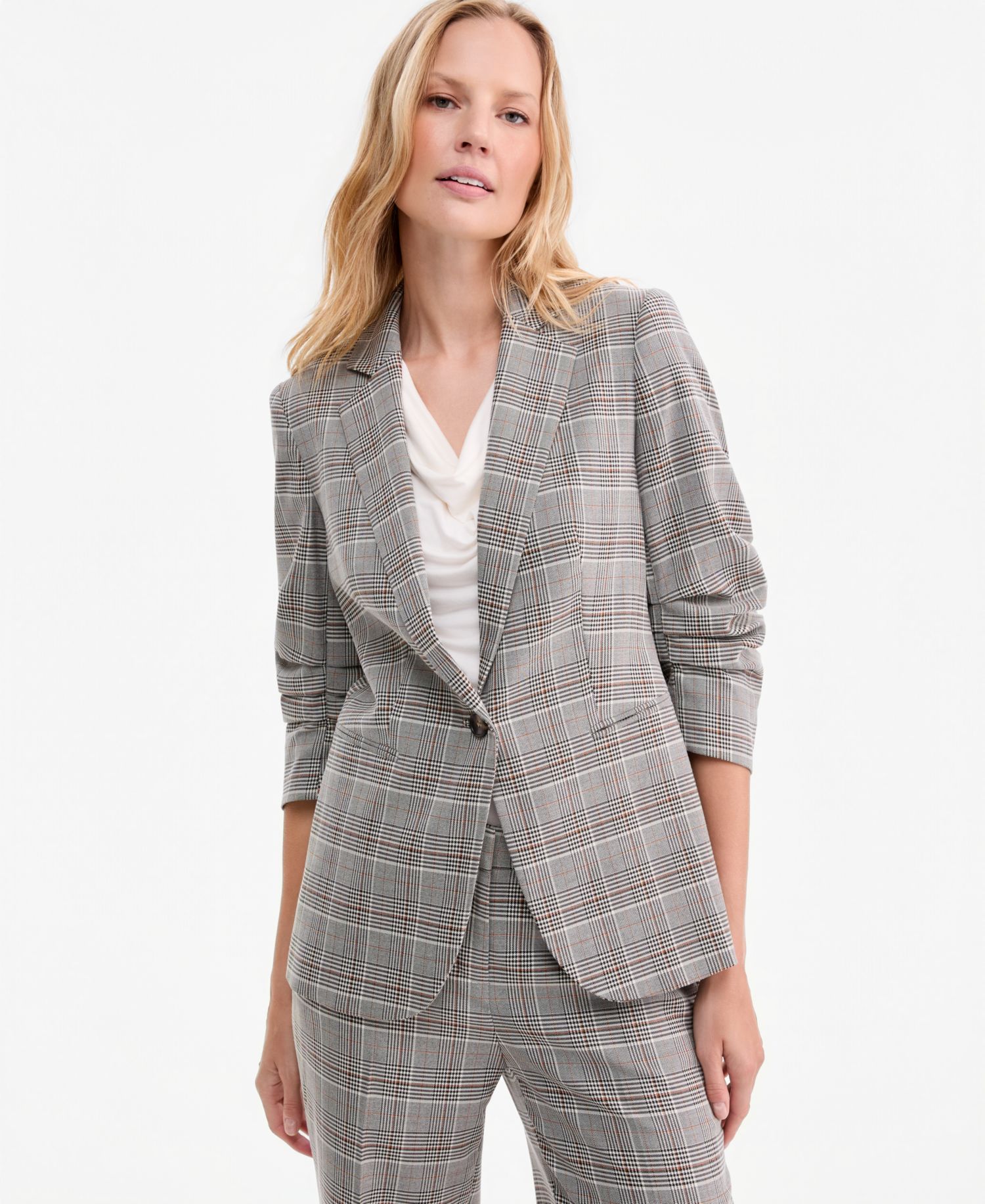 Women's Check Notch-Collar Scrunch-Sleeve Blazer