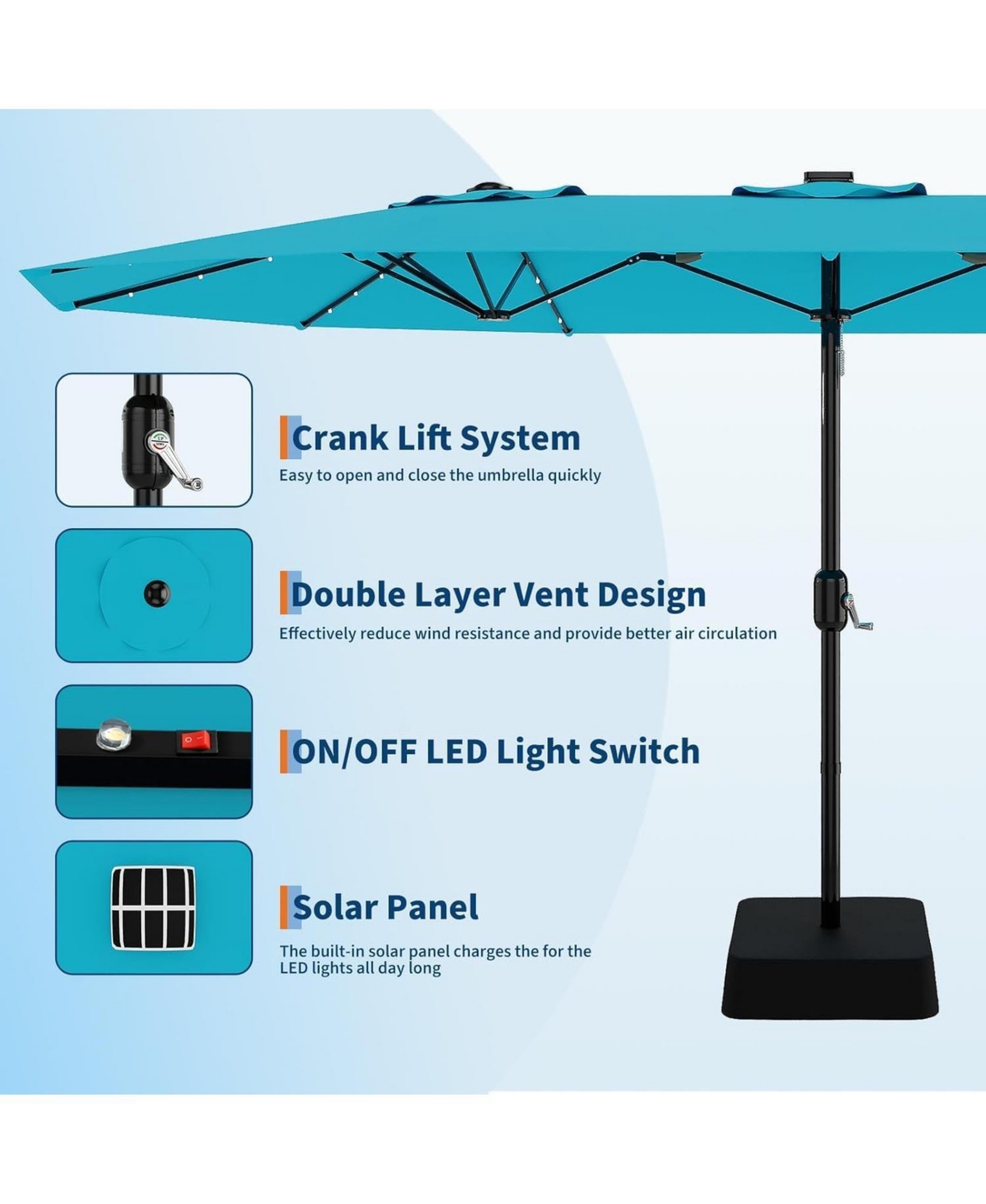 homfan 15FT Double-Sided Patio Umbrella with Solar Led Lights and Base, Uv Waterproof Canopy, 12 Ribs, Double-Layer Fabric, Heavy Frame