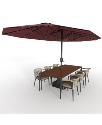 15Feet Double-Sided Patio Umbrella With Solar LED Lights And Base, UV Waterproof Canopy, 12 Ribs, Double-Layer Fabric, Heavy Frame