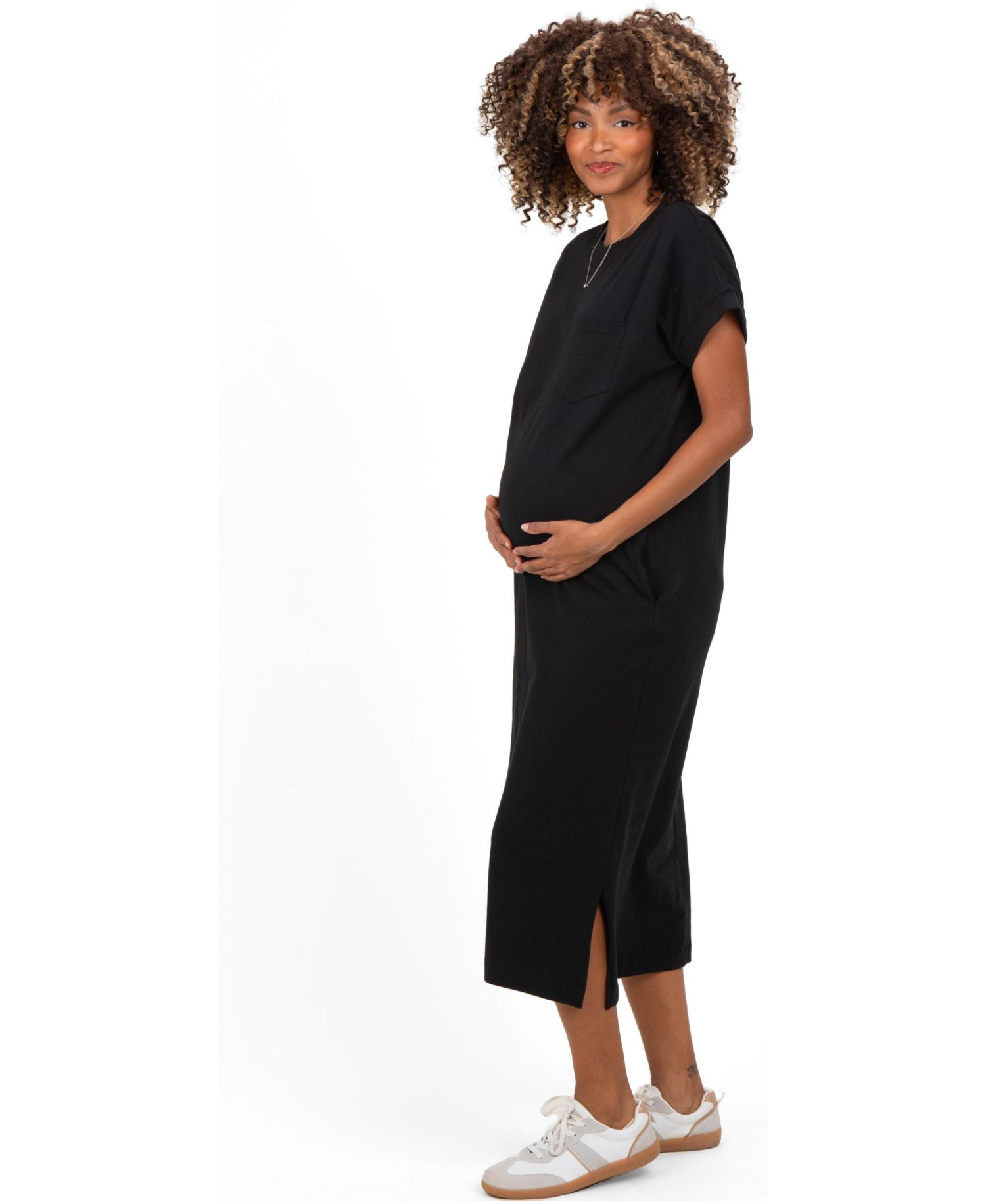 Women's Black Pocket Front Midi T-Shirt Dress