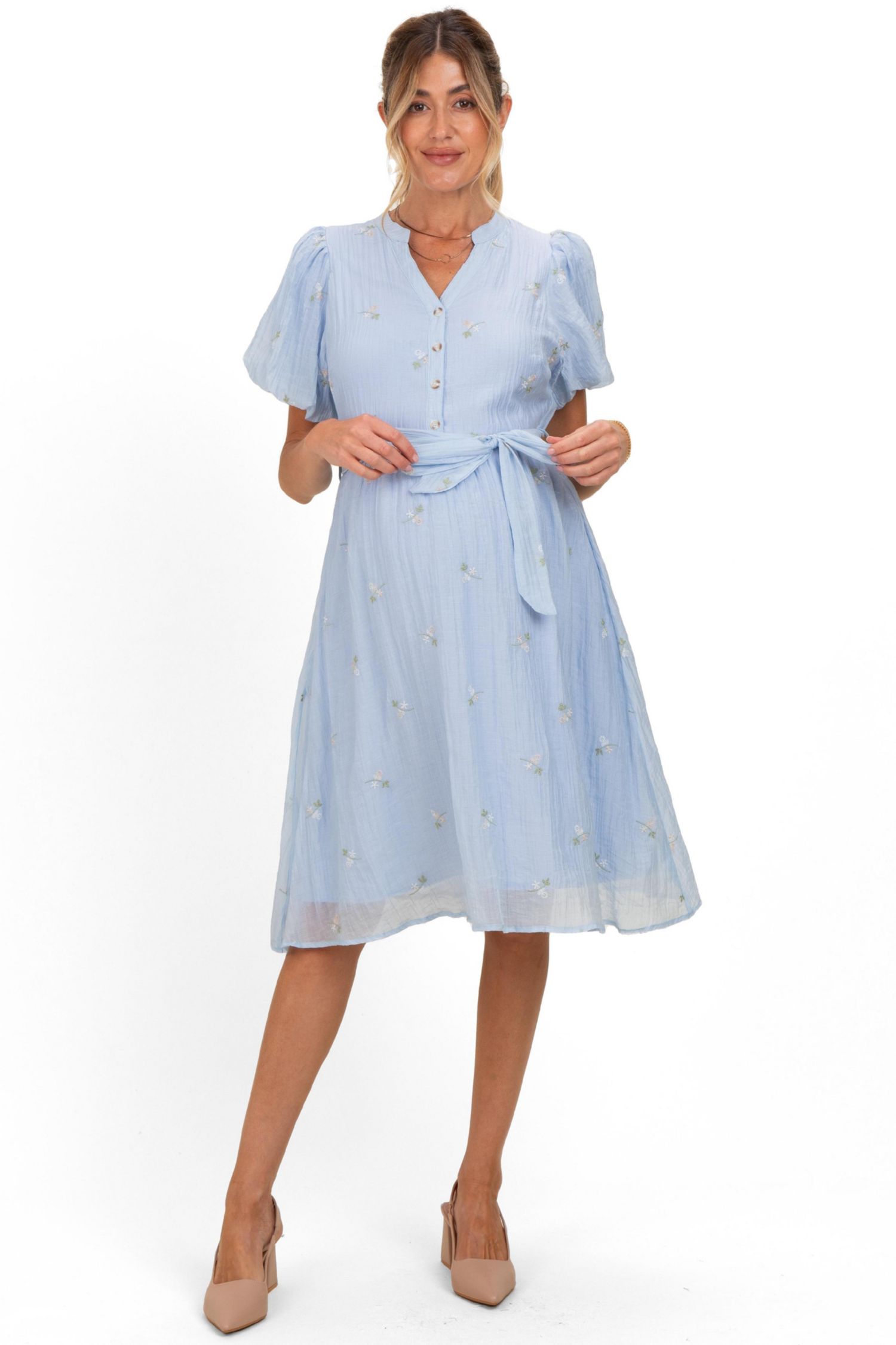 Women's Blue Floral Embroidered Tie Waist Dress