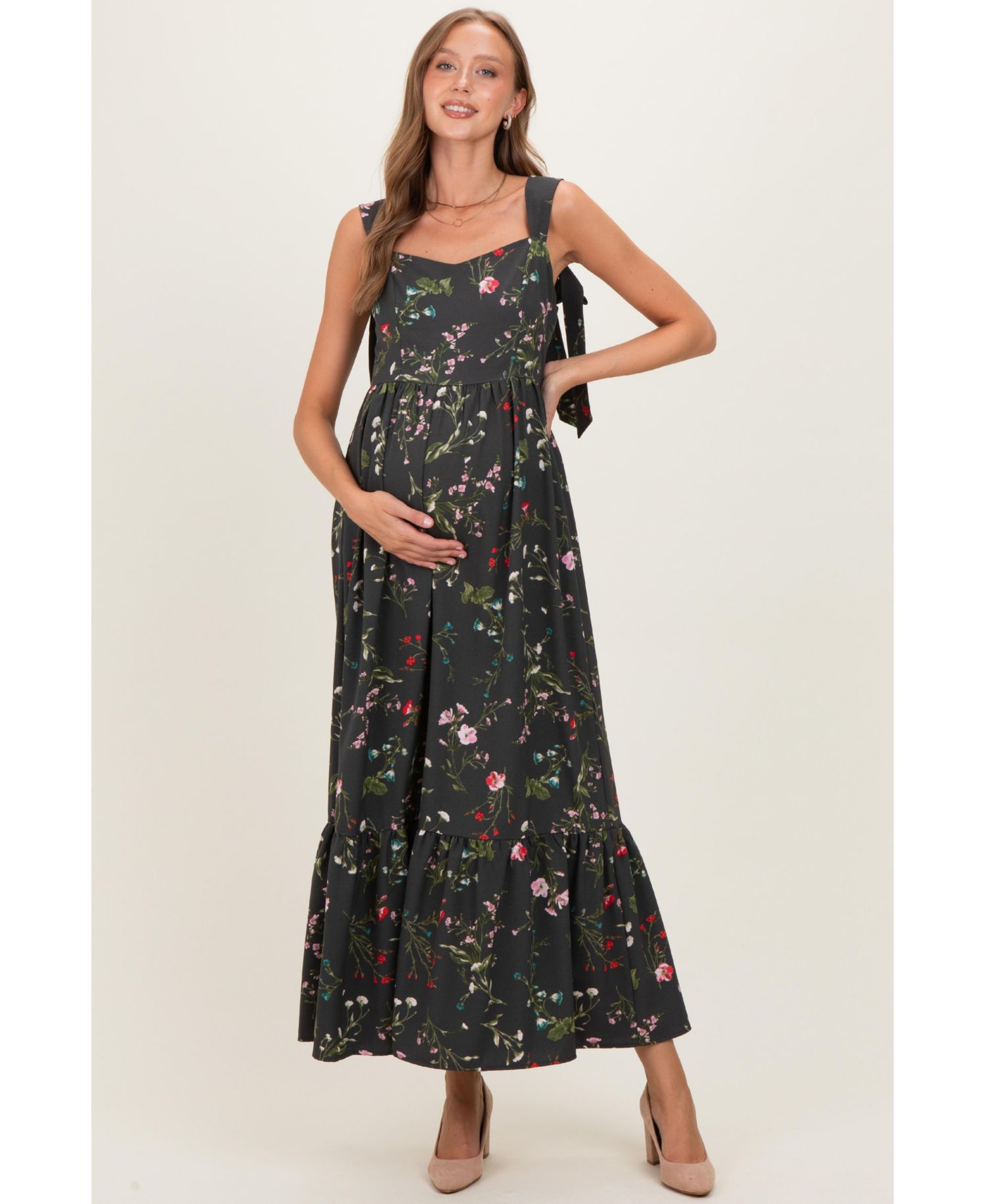 Women's Forest Green Floral Bow Strap Maxi Dress