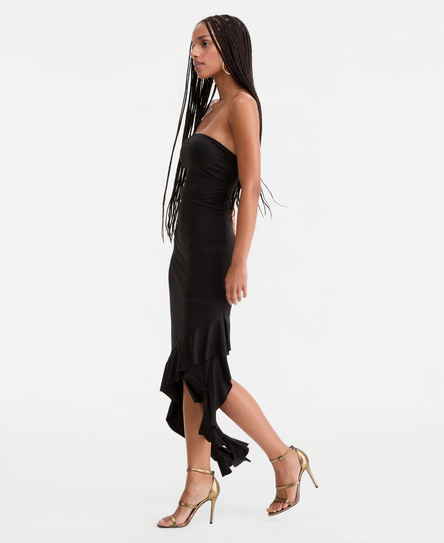 Women's Strapless Ruffled Asymmetric Midi Dress