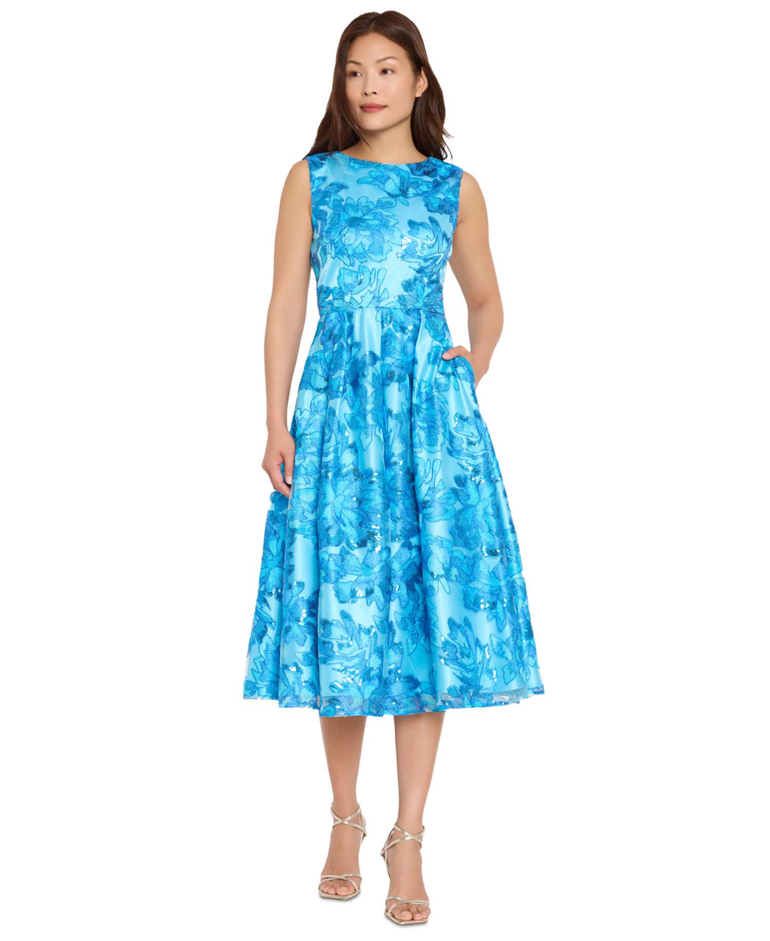 Women's Embroidered Boat Neck Midi Dress