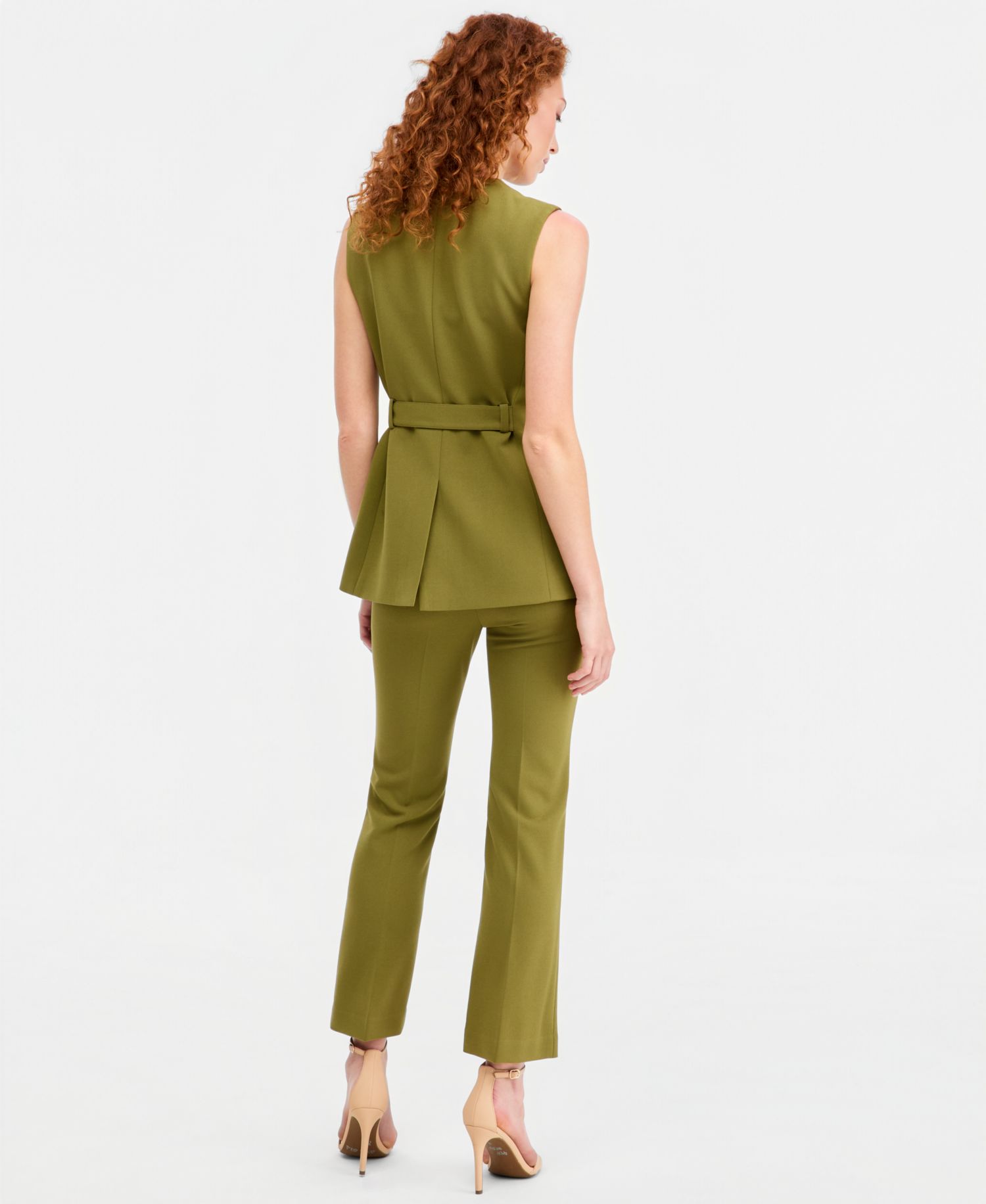 Women's Belted Collarless Wrap Vest & Pull-On Kick-Flare Ankle Pants