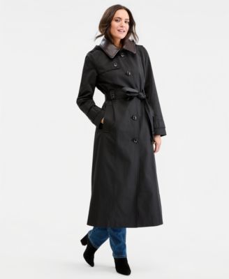 Women's Faux-Leather-Collar Maxi Trench Coat