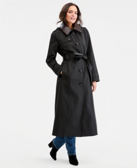 Женское пальто London Fog Faux-Leather-Collar Maxi Trench, цвет: Чёрный