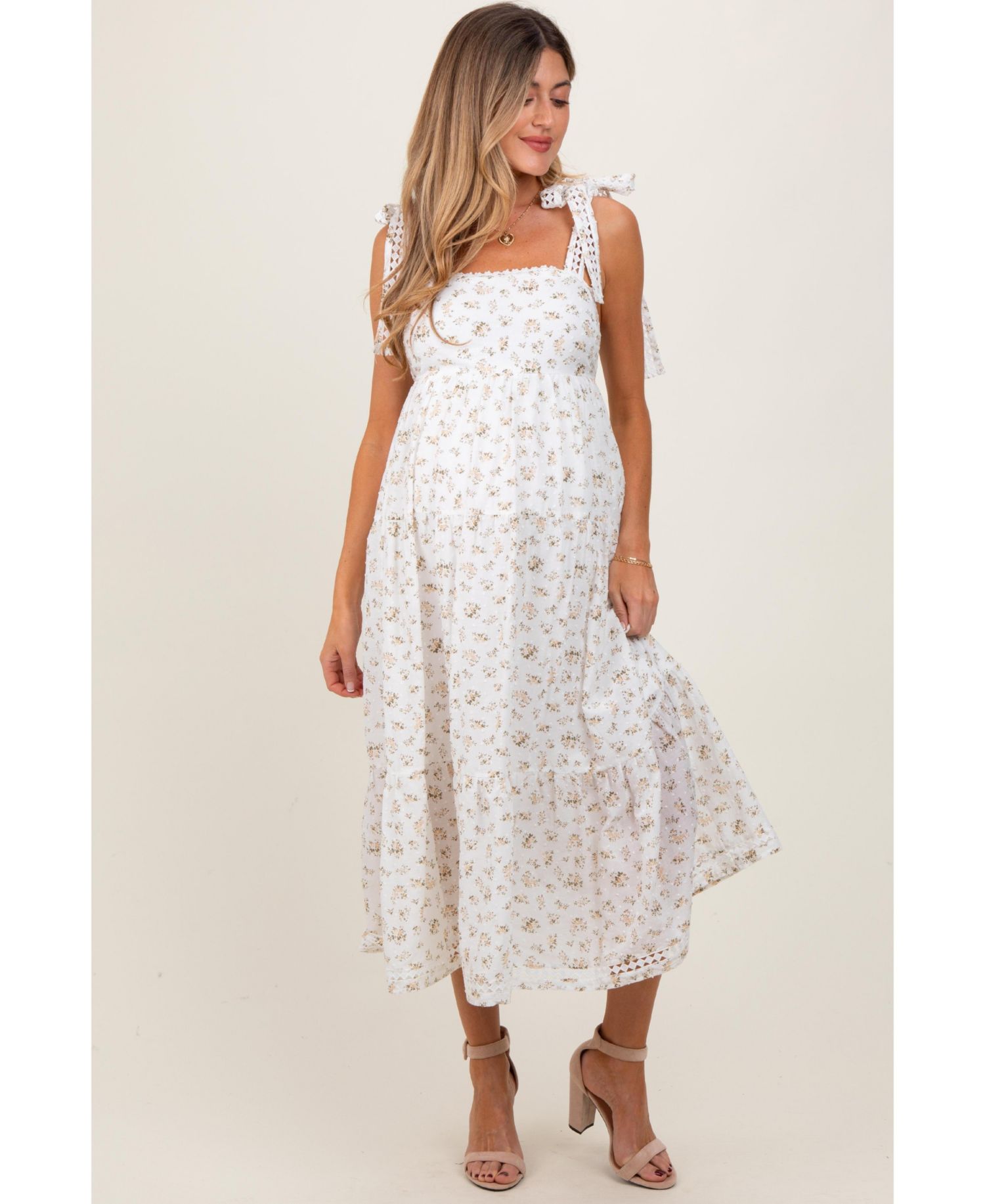 Women's Floral Shoulder Tie Midi Dress