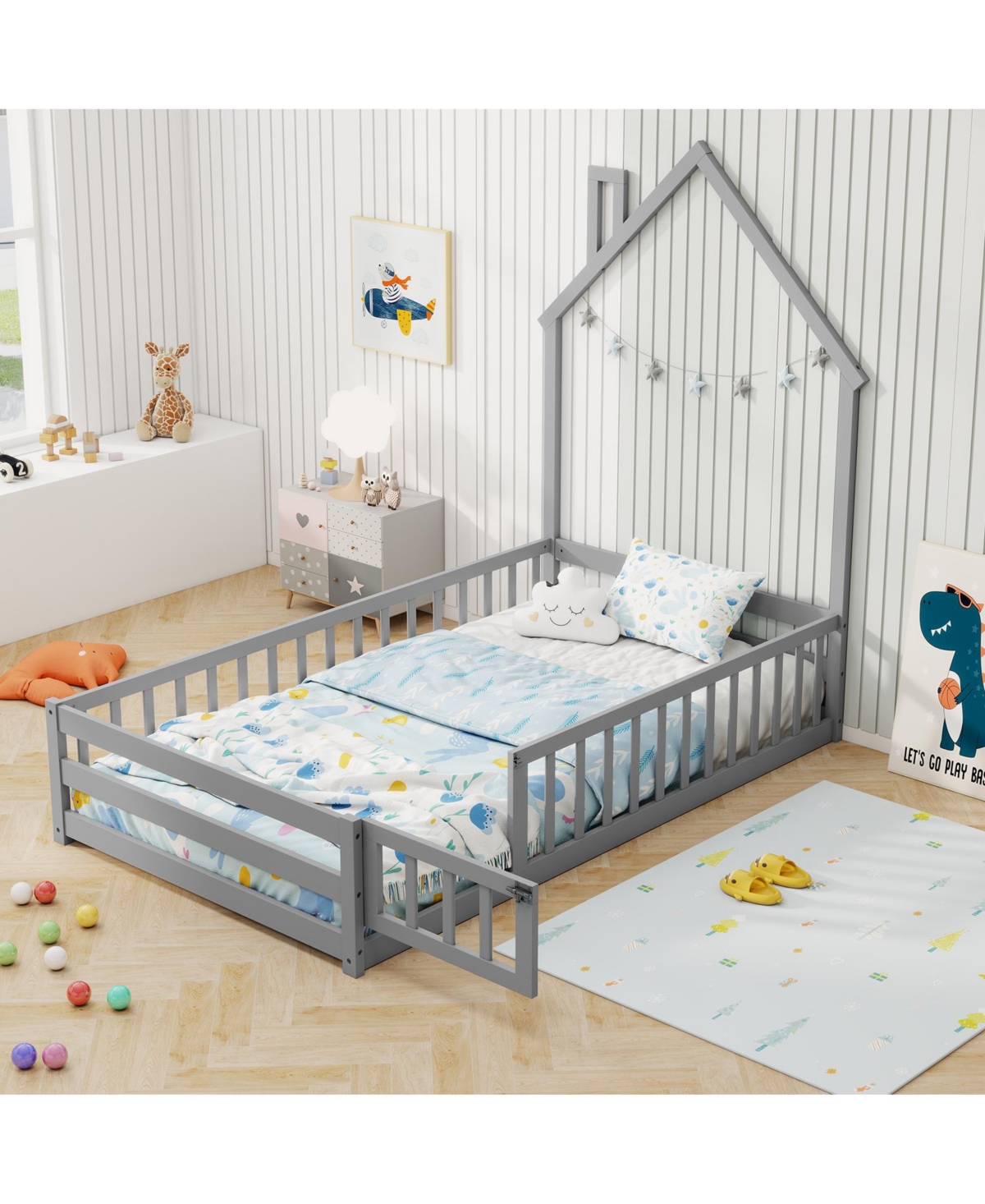 Sugift Twin Size Montessori Floor Bed with Lockable Door and Full-Length Guardrail