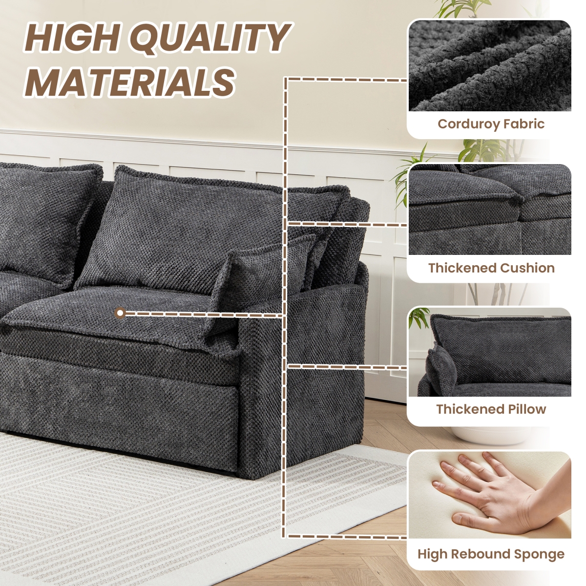 Streamdale Furniture 3-in-1 Corduroy Sofa Bed with Storage and Charging