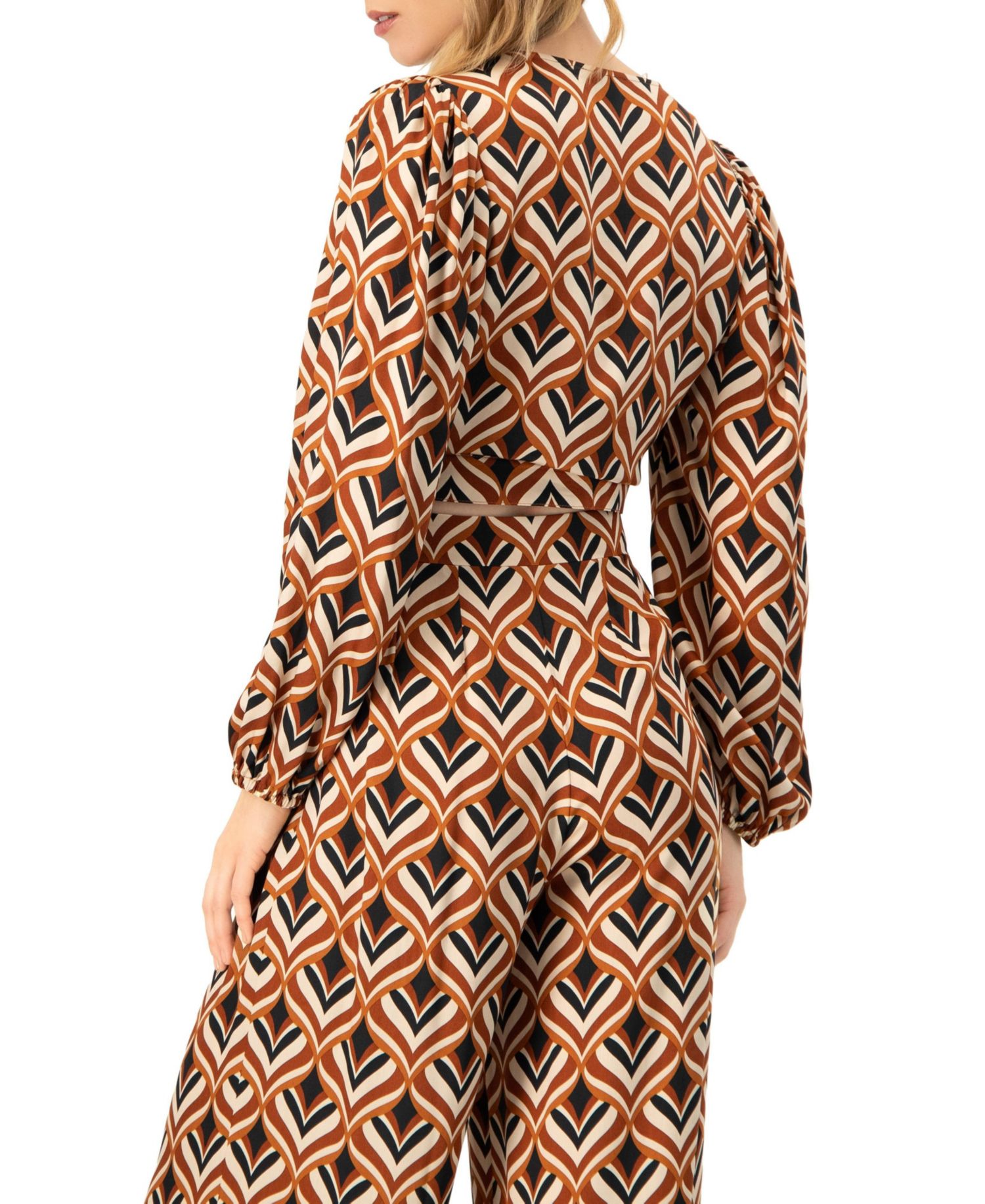 Women's V-Neck Geometric Print Blouse with Bottom Tie