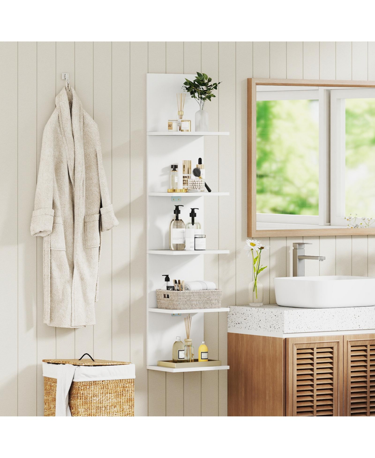 Slickblue 5 Tier Wall Shelf Unit with Wood Grain for Home Storage