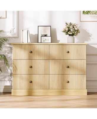 6 Drawer Fluted Dresser Wide Modern Wood Storage Chest with Metal Handles for Bedroom Apartment