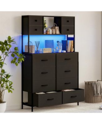 12 Drawer Fabric Dresser with LED Lights and Power Outlet, Storage Organizer with Open Shelves