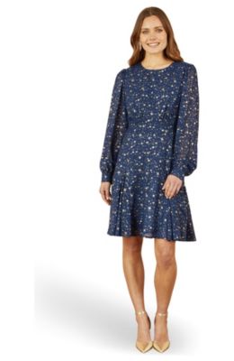Women's Star Print Foil Long Sleeve Dress