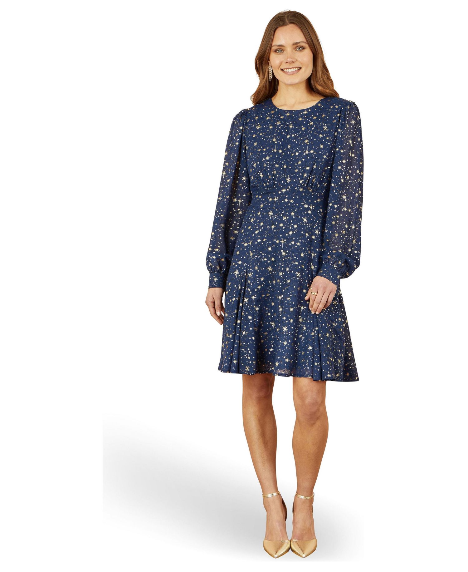 Women's Star Print Foil Long Sleeve Dress