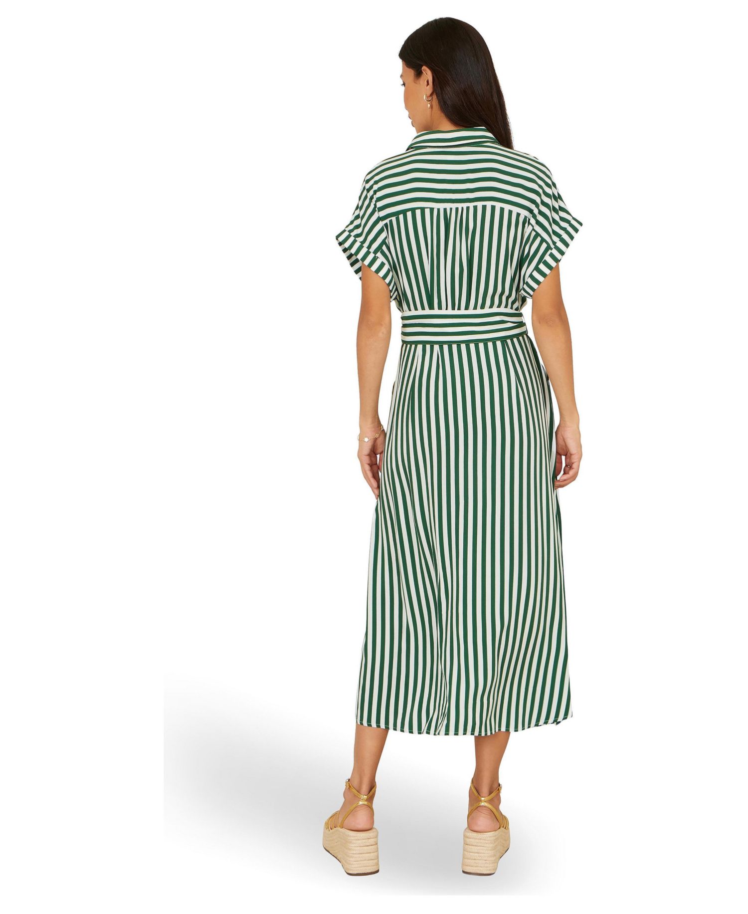 Women's Stripe Print Belted Midi Shirt Dress