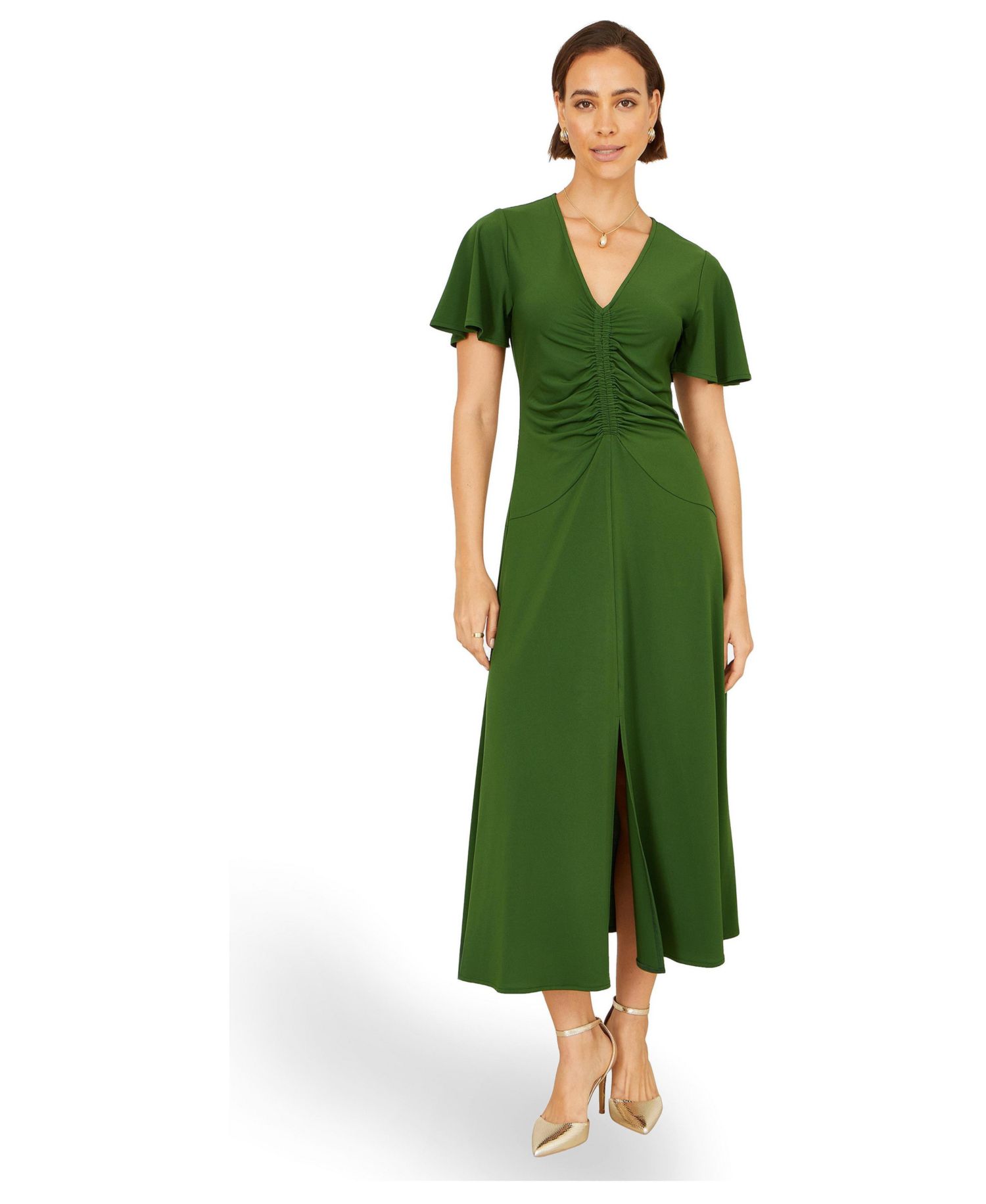 Women's Ruched Front Stretch Midi Dress