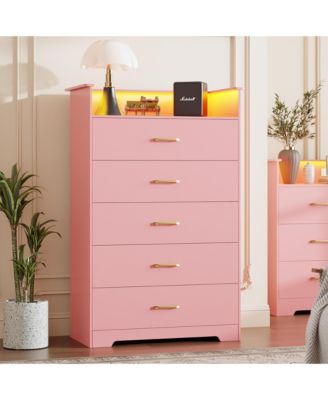 5-Drawer Wooden Dresser with LED Lights and Power Outlet, Modern Closet Storage Cabinet for Bedroom, Living Room