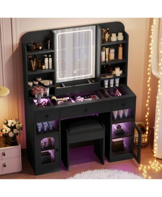 43.2 inches Vanity Desk with LED Mirror, RGB Lights, Storage and Stool