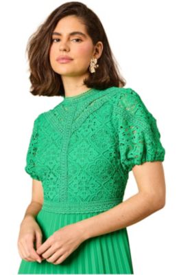oasis green lace dress Bright Green Oasis Lace Puff Sleeve Pleated Midi Dress