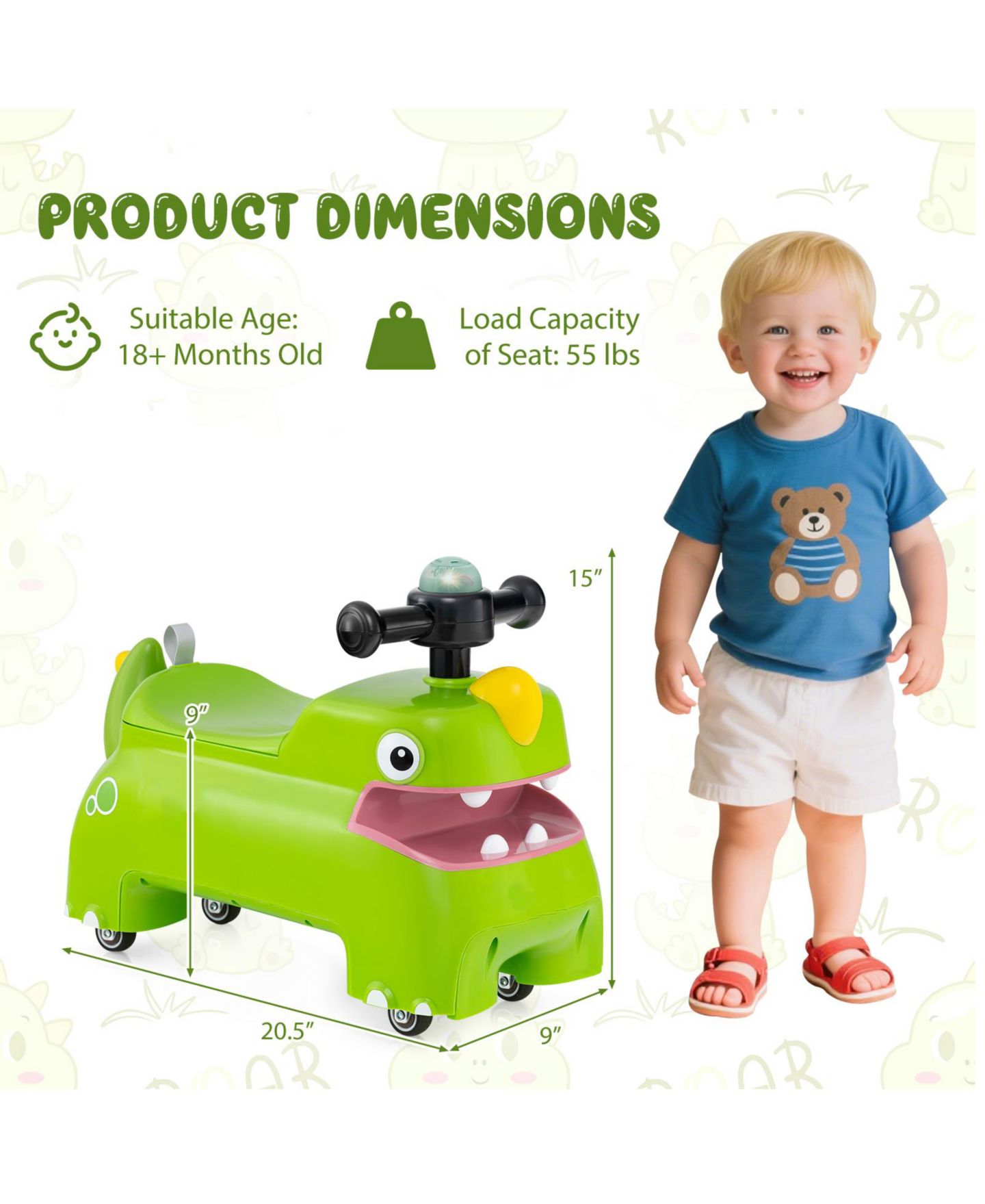 Детская игрушка Slickblue Toddler Walking Ride-On Car with Lights and Music, 20.5" x 9" x 15", Ages 18+ Months, цвет: Зелёный — фото 3
