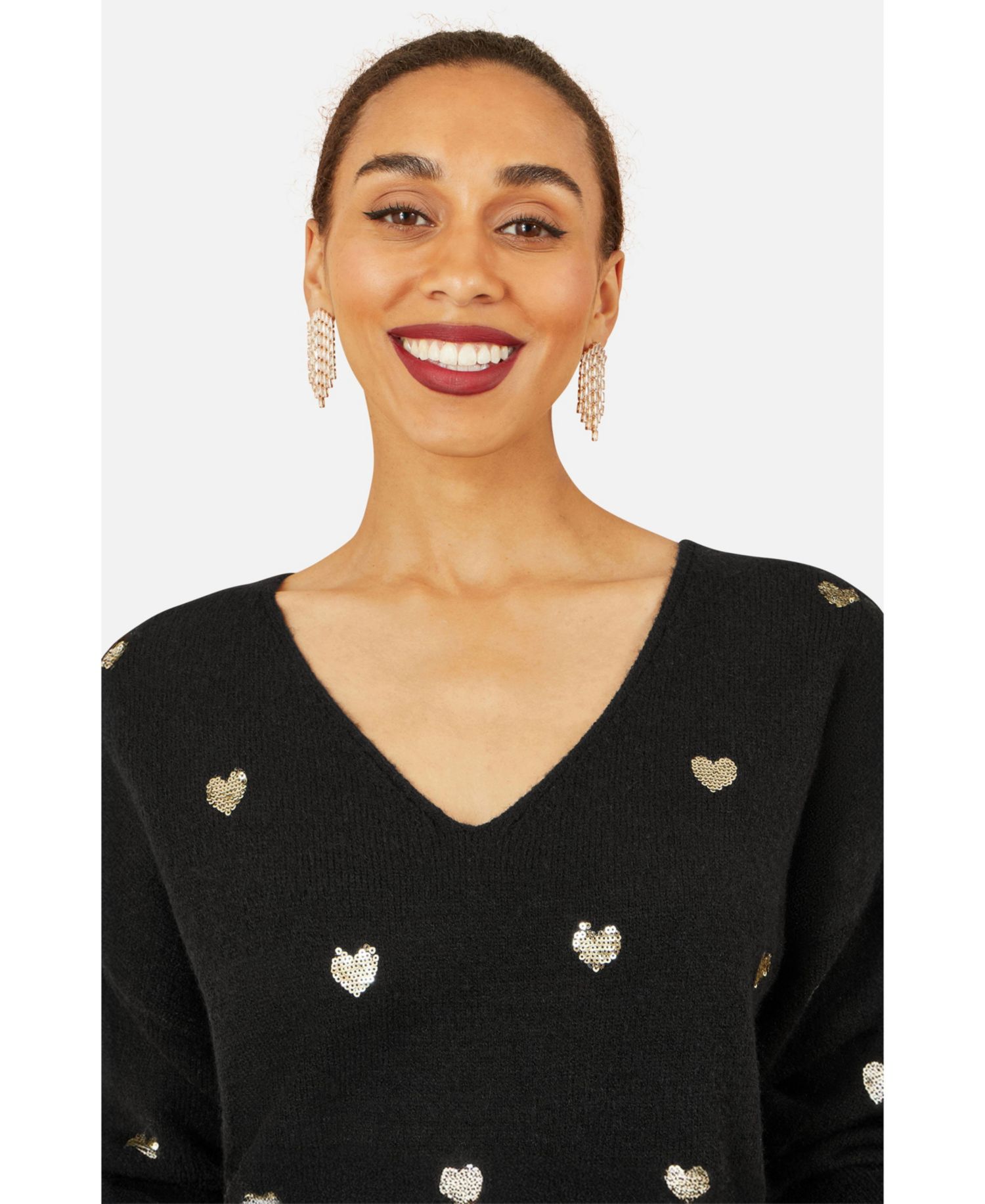 Women's Sequin Heart V-Neck Jumper