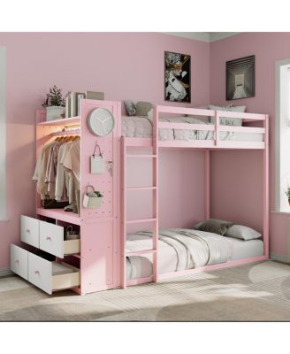  Bunk Bed with 4 Drawers, Rail, Light, Shelves, Pegboards