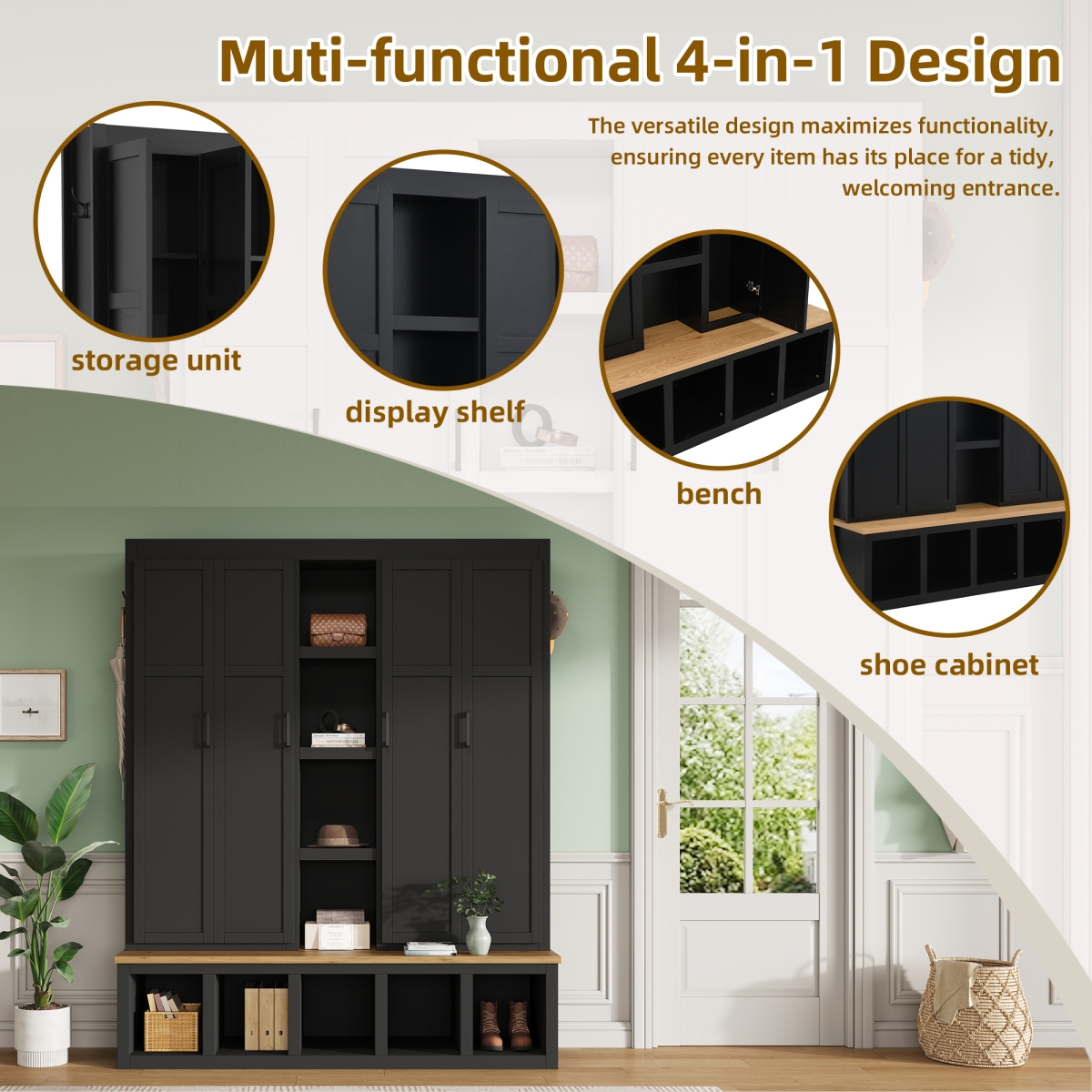 Streamdale Furniture Farmhouse 4-in-1 Hall Tree with Hooks and Bench