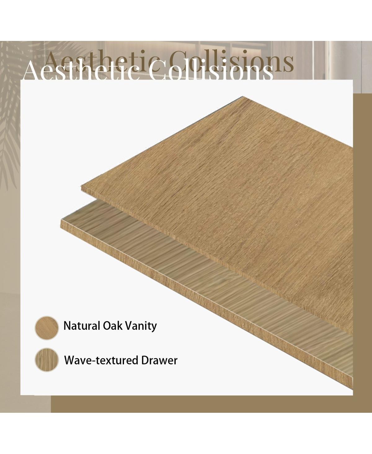 Sillysis Wall Mounted Bathroom Vanity, Glossy Stone Resin Sink, Oak Wave Textured Drawer