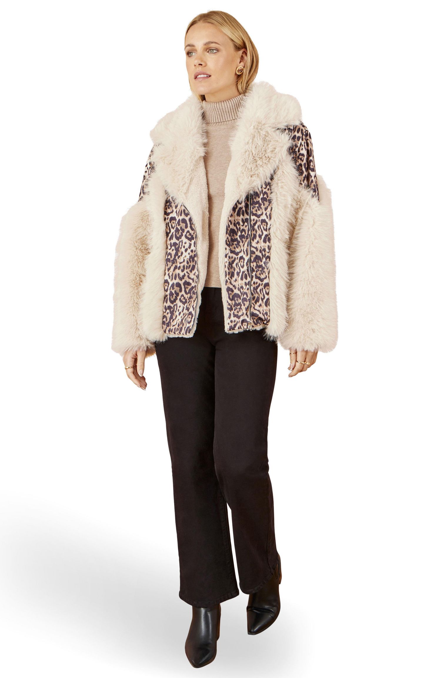 Women's Faux Fur Biker Leopard Print Jacket