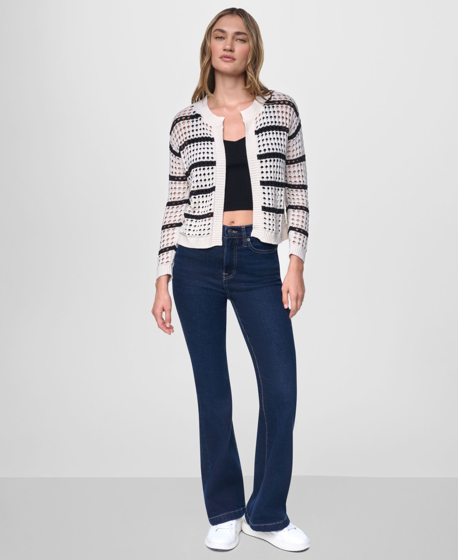 Women's Relaxed-Fit Stripe Open Stitch Drop Shoulder Open-Front Cardigan