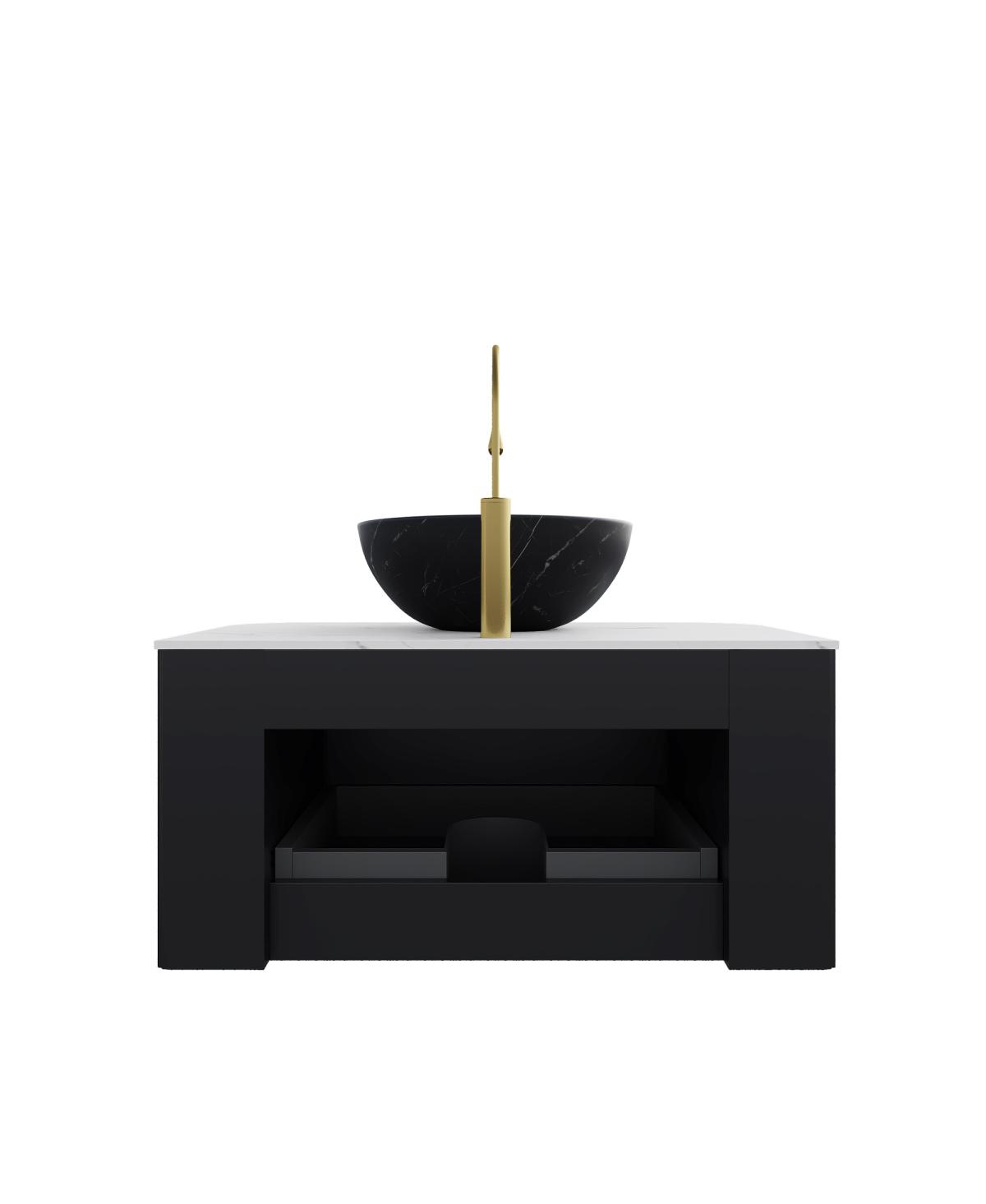 Sillysis Wall Mounted Bathroom Vanity, Carrara Sintered Stone Top , Striped Plywood Cabinet