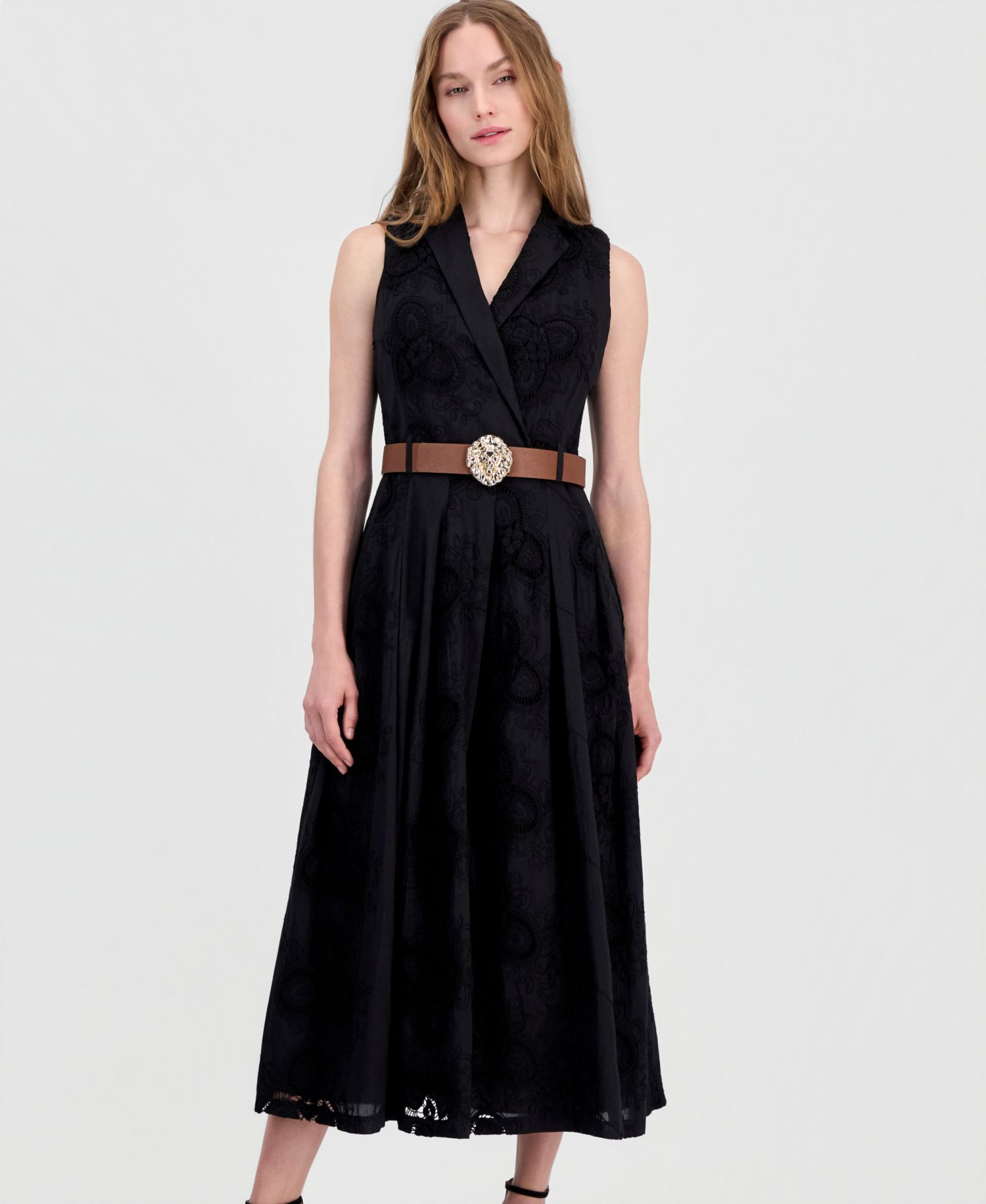 Women's Belted Eyelet Embroidered Cotton Midi Dress