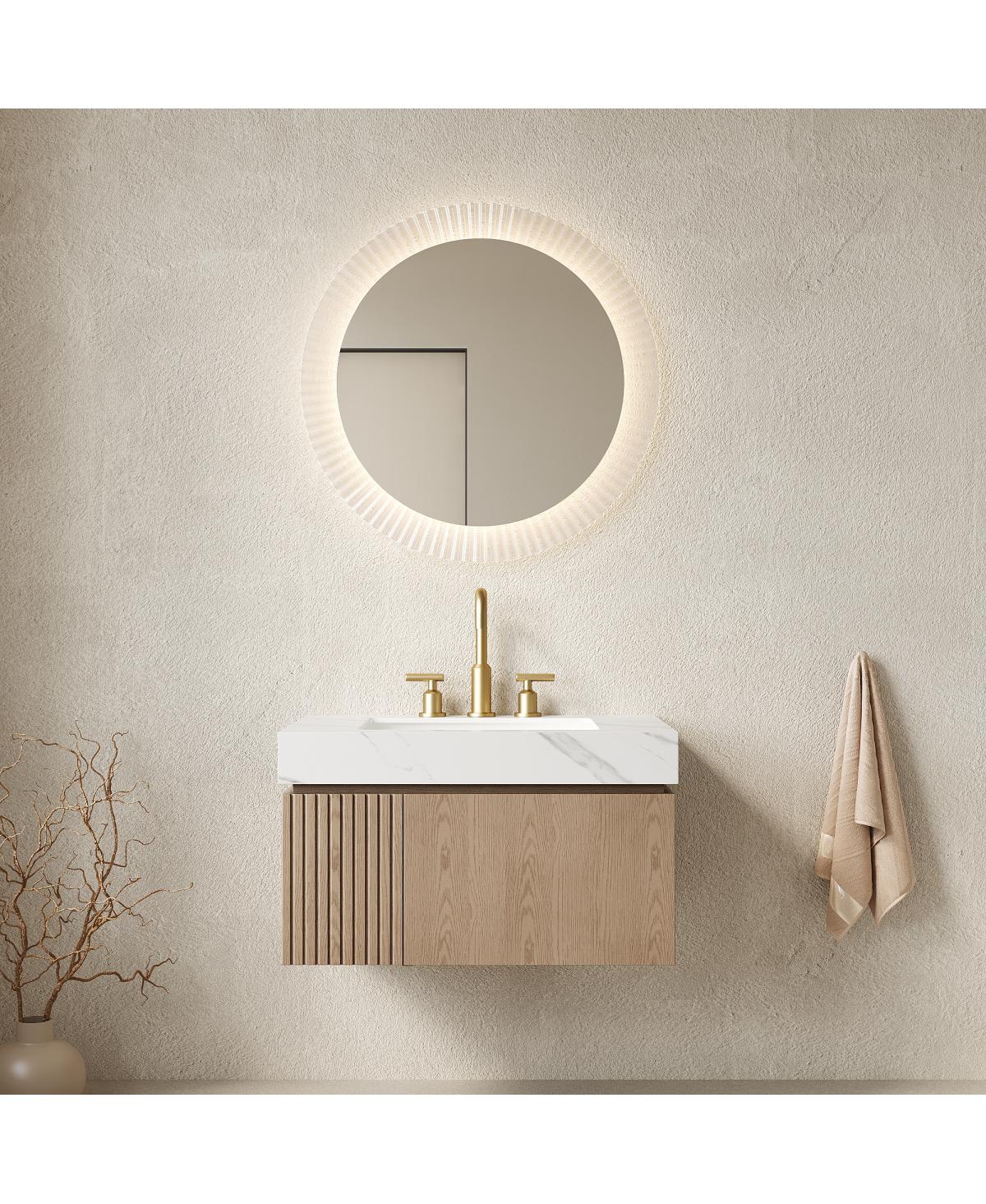 Sillysis Wall Mounted Bathroom Vanity, Carrara Sintered Stone Top, 3-Hole Ceramic Sink, Soft Close Cabinet