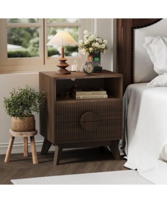 Modern Fluted Bedside Tables, Charging Station with USB Ports and Power Outlets, 2 Drawers and Open Shelf, End Table for Bedroom Living Room