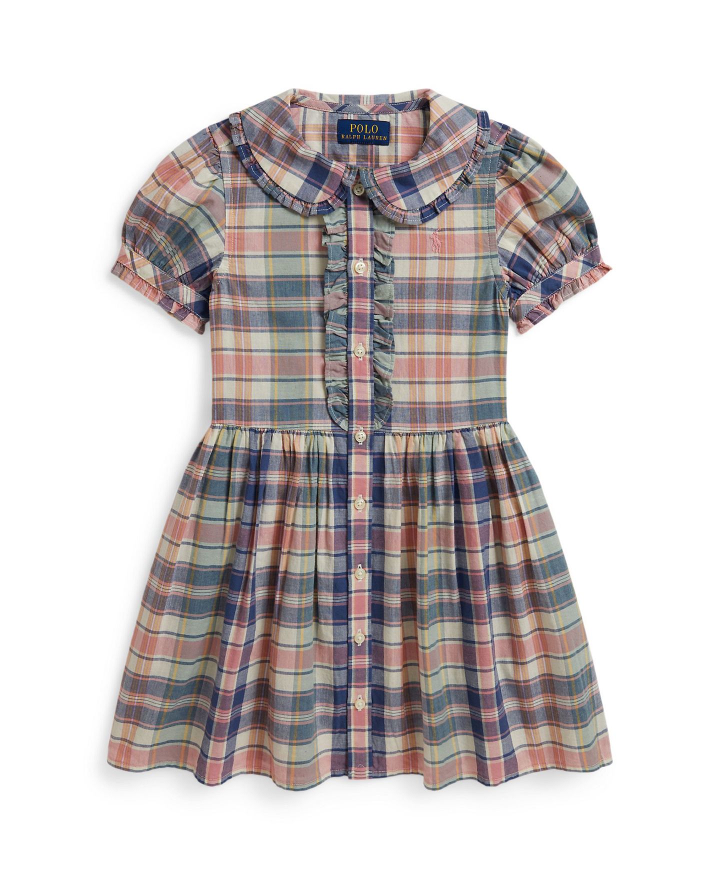 Детское клетчатое платье-рубашка Polo Ralph Lauren с коротким рукавом, 2T-6X, цвет: Земляной синий / Розовый — фото 3