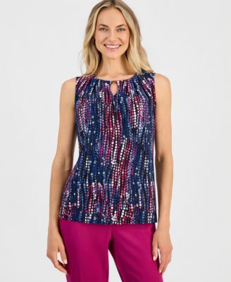 Women's Printed Pleat-Neck Sleeveless Top, Regular & Petite