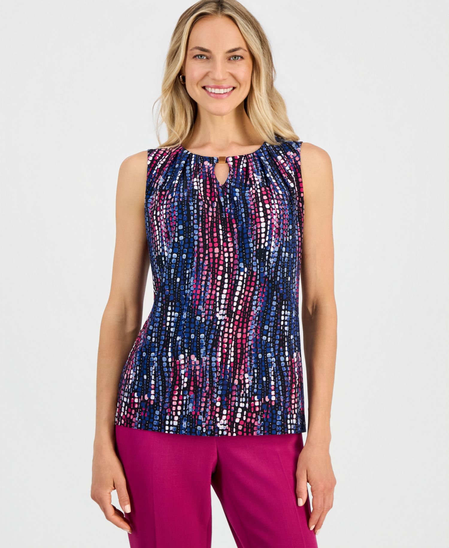 Petite Printed Pleat-Neck Sleeveless Top