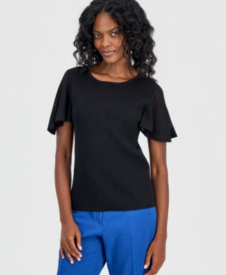 Women's Crewneck Flutter-Sleeve Rib-Knit Sweater