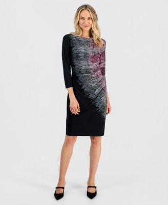 Women's Boat-Neck Side-Pleat 3/4-Sleeve Dress