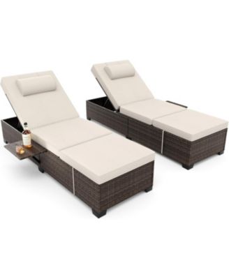 Set of 2 Outdoor Chaise Lounge Chairs with Cushions, 5-Position Backrest, Fold-Down Side Tray, PE Wicker Patio Recliners