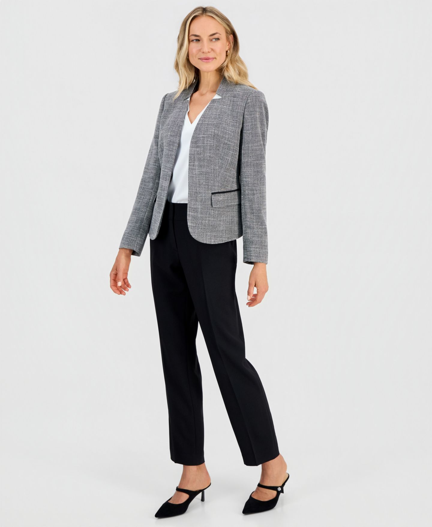 Женская куртка Kasper Cutout-Collar Long-Sleeve Tweed Jacket, Regular & Petite, цвет: Чёрный / Ванильный ледяной — фото 2