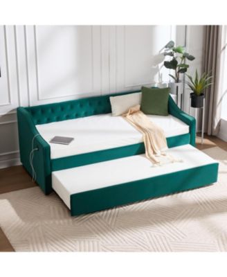 Twin Upholstered Daybed with Trundle, USB, Pockets, Velvet, Button Tufted