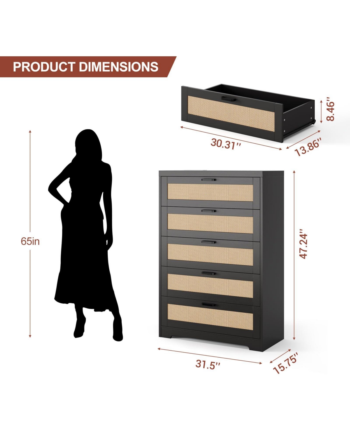 gaomon 5 Drawer Rattan Dresser with Power Outlets, Tall Wood Storage Chest for Bedroom